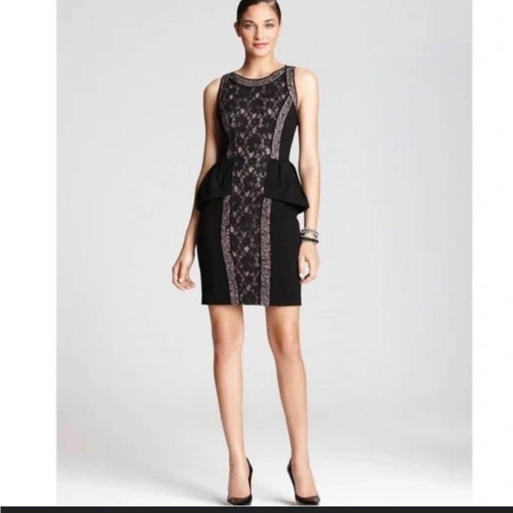 BCBG Max Azria Lilou Black Lace Illusion Peplum Sheath Dress Size 4 Cocktail